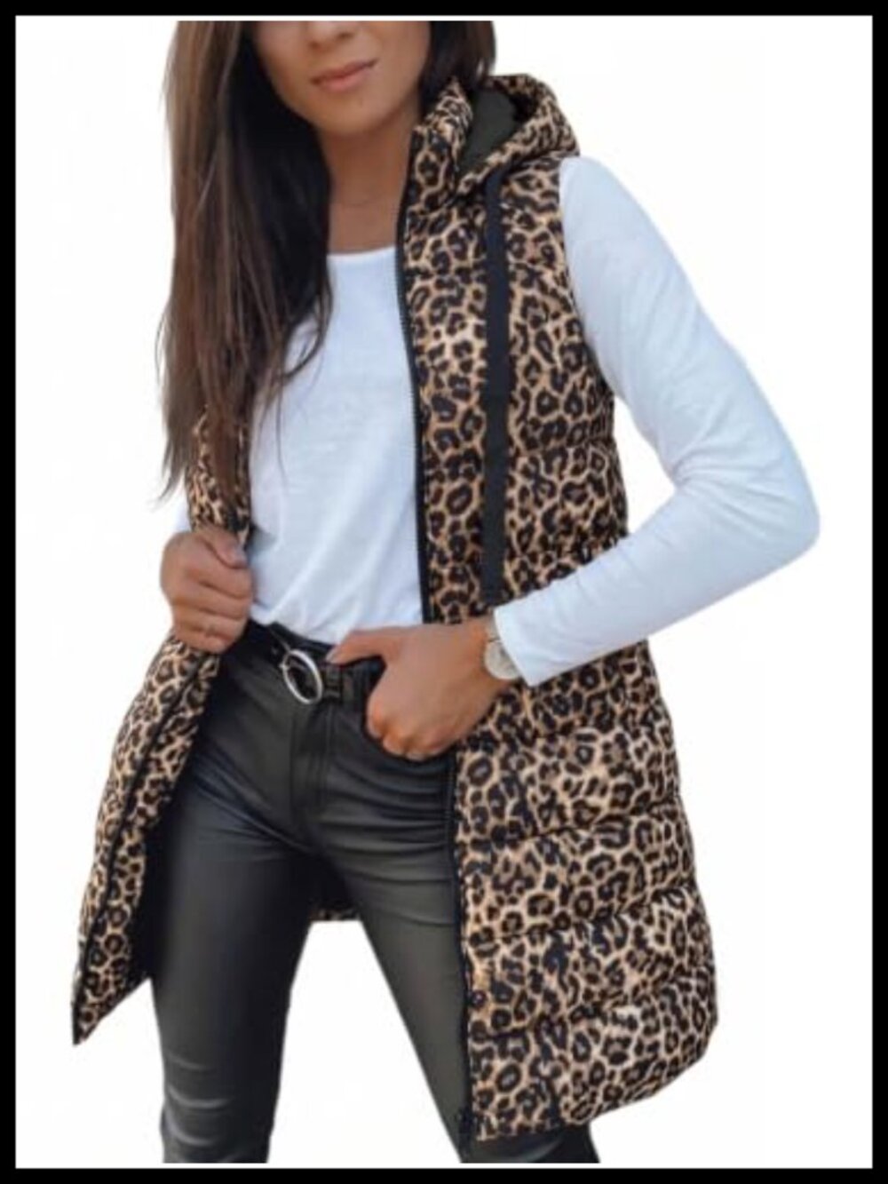 Women Long Puffer Vest Sleeveless Hooded Polyester Winter Outerwear